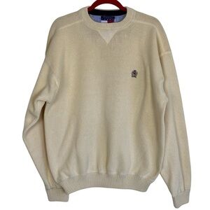 TOMMY HILFIGER Vintage 90s Butter Yellow Knit Crewneck Sweater Crest Cotton XL